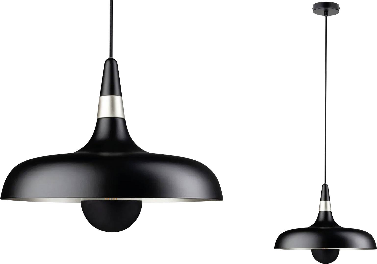 Sort pendel med en elegant, moderne design, udstyret med en bred, kuppelformet skærm og sølvdetaljer.