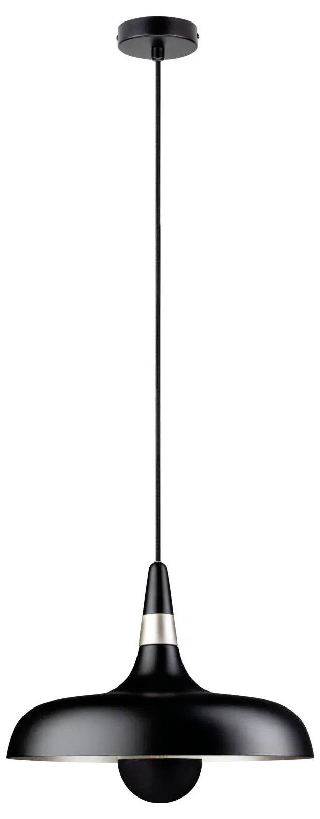 En elegant sort pendel lampe med en glat, buet skærm hænger fra en tynd ledning og fremviser minimalistiske designelementer.