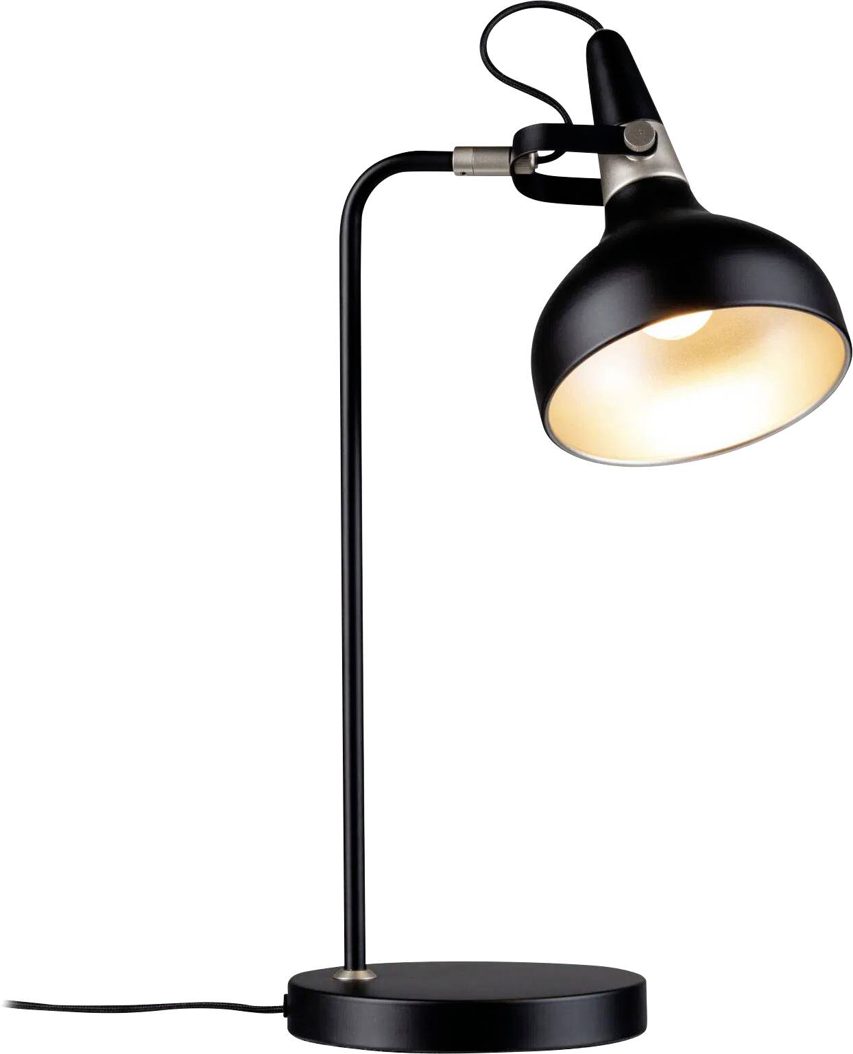 En sort skrivebordslampe med en buet hals og justerbart hoved, tændt, på en rund fod med en synlig strømledning.