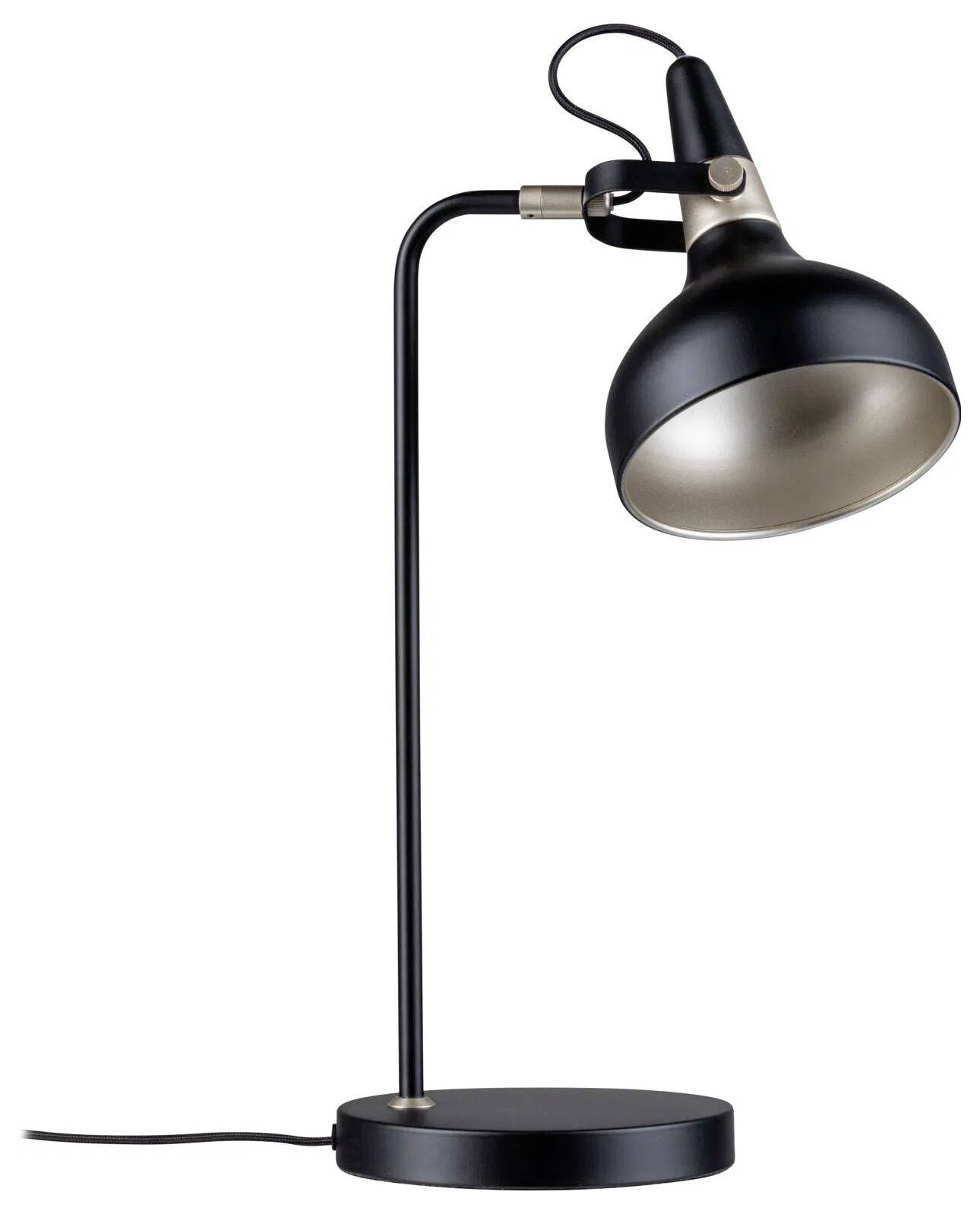 En elegant sort skrivebordslampe med en buet hals og en stor, afrundet skærm, der hviler på en cirkulær base med en synlig strømledning.