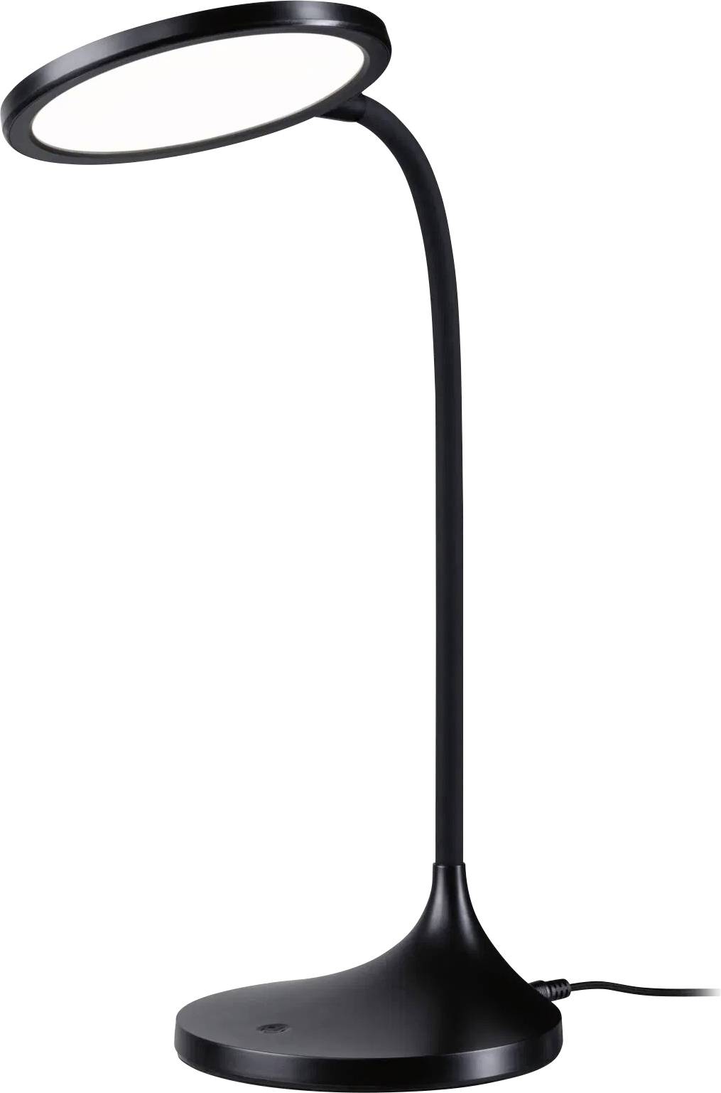 Et moderne sort skrivebordslys med en cirkulær LED-lampe og justerbar hals, tilsluttet og placeret på en flad overflade.