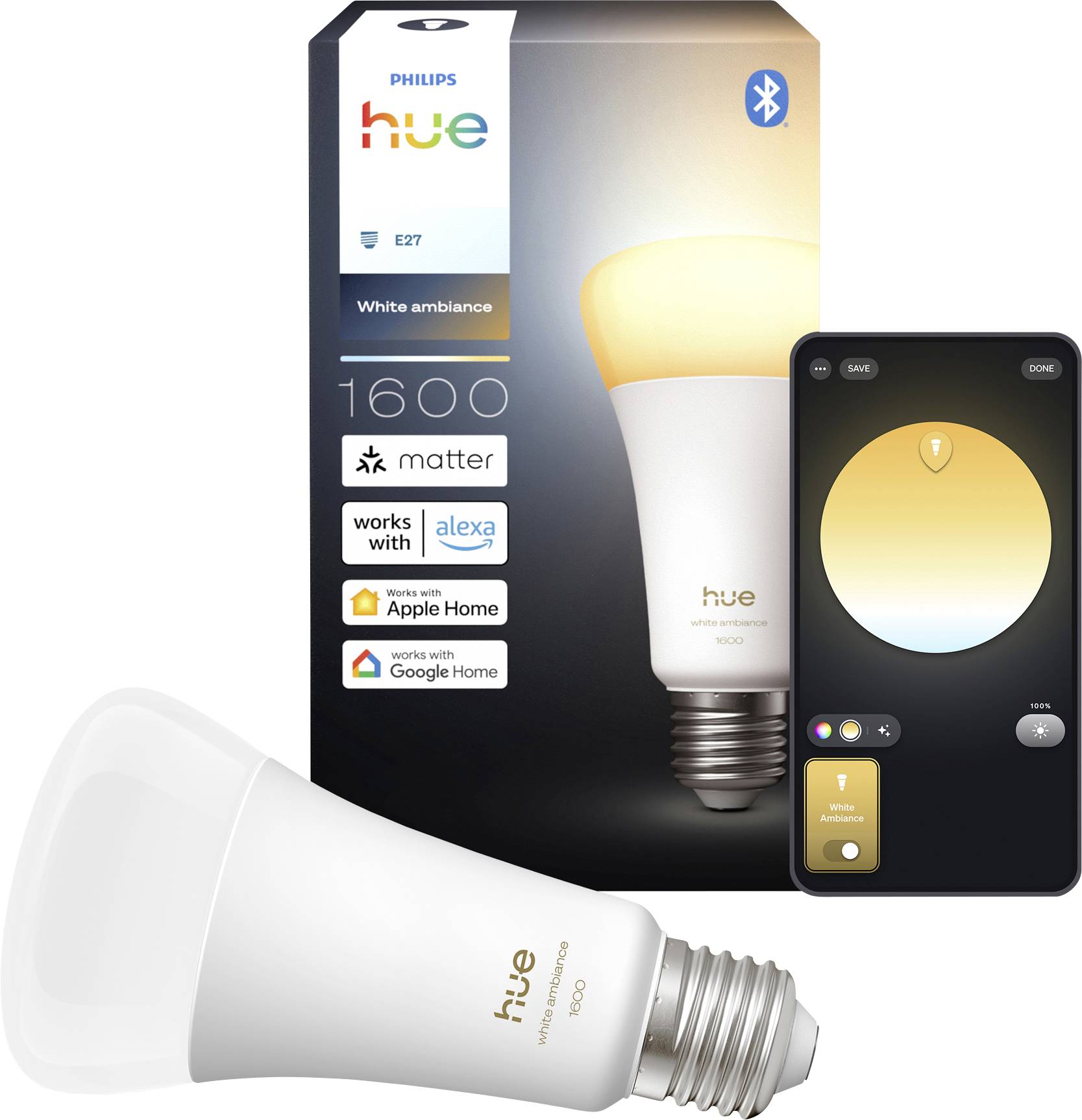 Philips Hue White Ambiance<br><br>Smartpære<br>1600 lumen<br><br>Kompatibel med:<br>Alexa<br>Apple Home<br>Google Home<br>Matter<br>Bluetooth