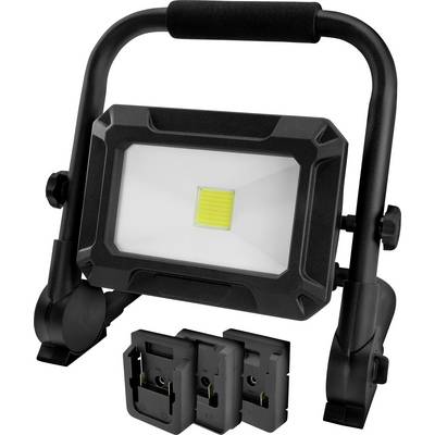 Bærbar LED-arbejdslampe med et håndtag og to aftagelige batteripakker, designet til brug både udendørs og indendørs, som giver kraftig belysning.