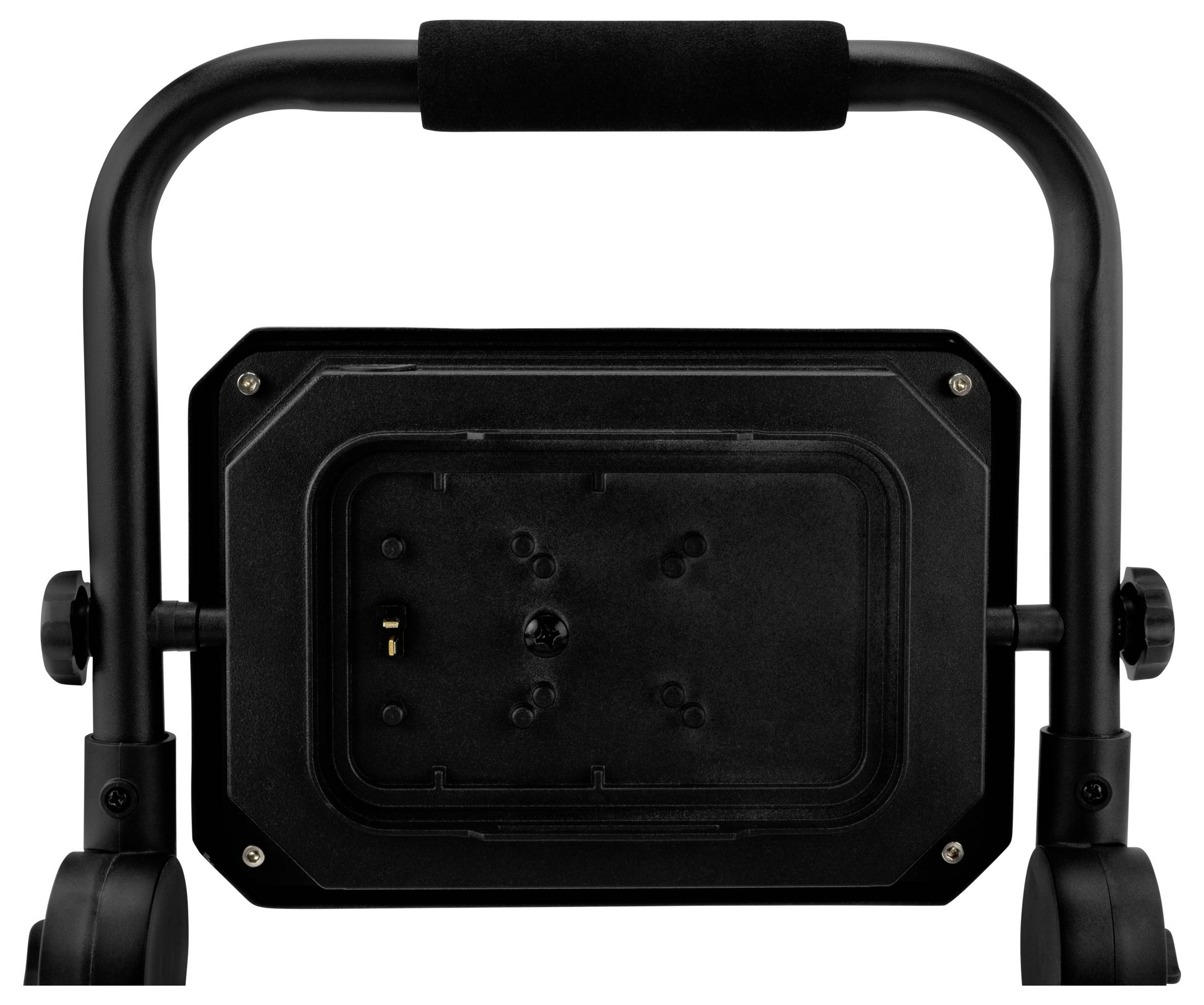 Billedet viser bagpanelet på en sort bærbar lampe eller projektør med et håndtag og en justerbar monteringsbeslag, set fra oven.