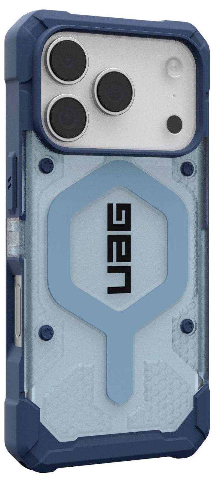 Et blåt og klart smartphone cover med robust design, udstyret med et karakteristisk sekskantmønster og 'UAG' logo på bagsiden.