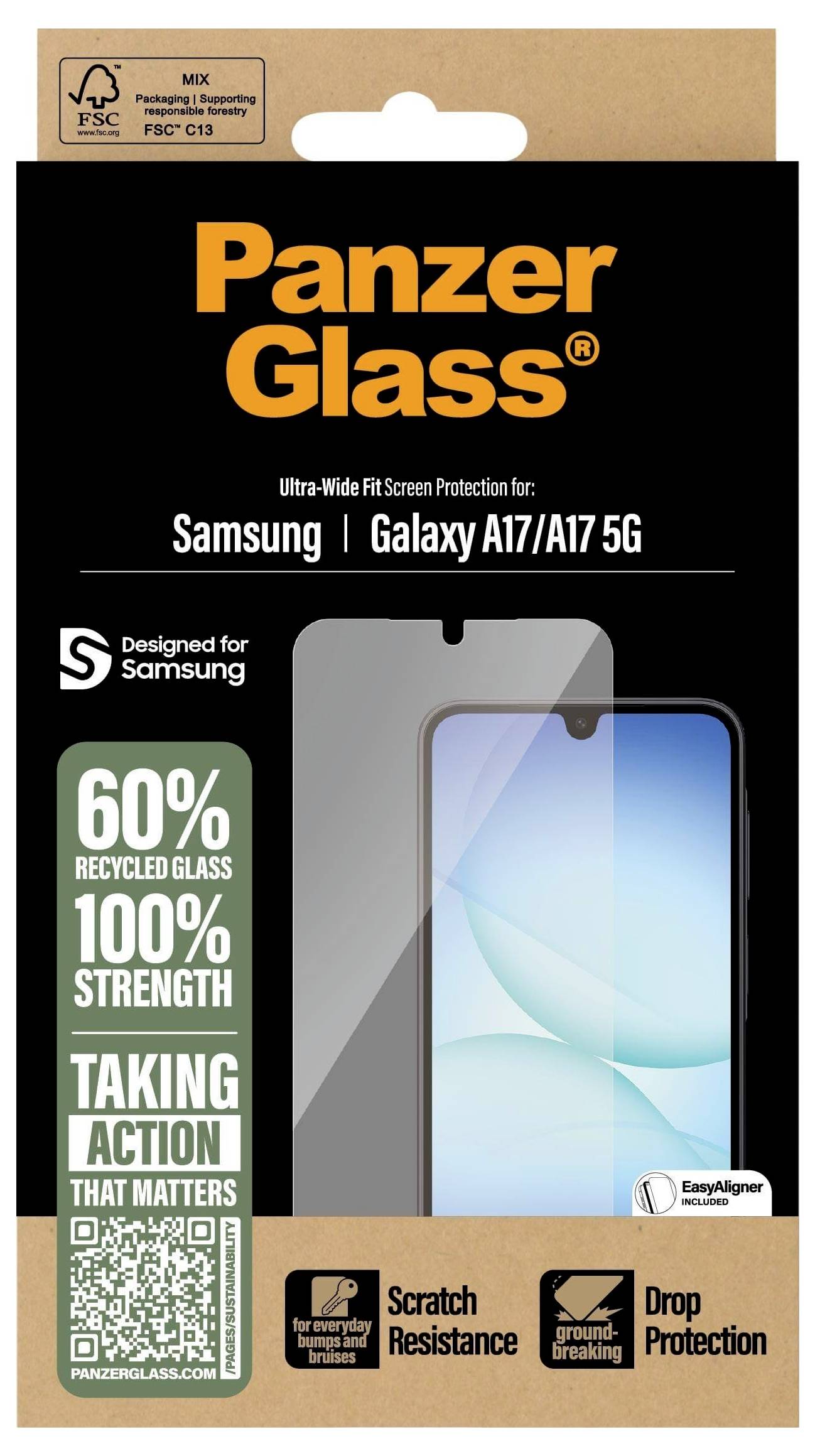 PanzerGlass skærmbeskytter til Samsung Galaxy A17/A17 5G, fremstillet med 60% genbrugsglas, ridsefast og med stødabsorberende egenskaber.
