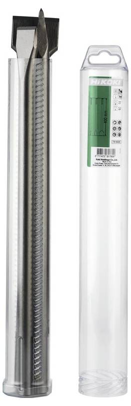Et langt, metallisk værktøj med skarpe kanter i en klar cylindrisk beholder, sandsynligvis et mejsel eller et lignende skæreinstrument, ved siden af sin emballage.