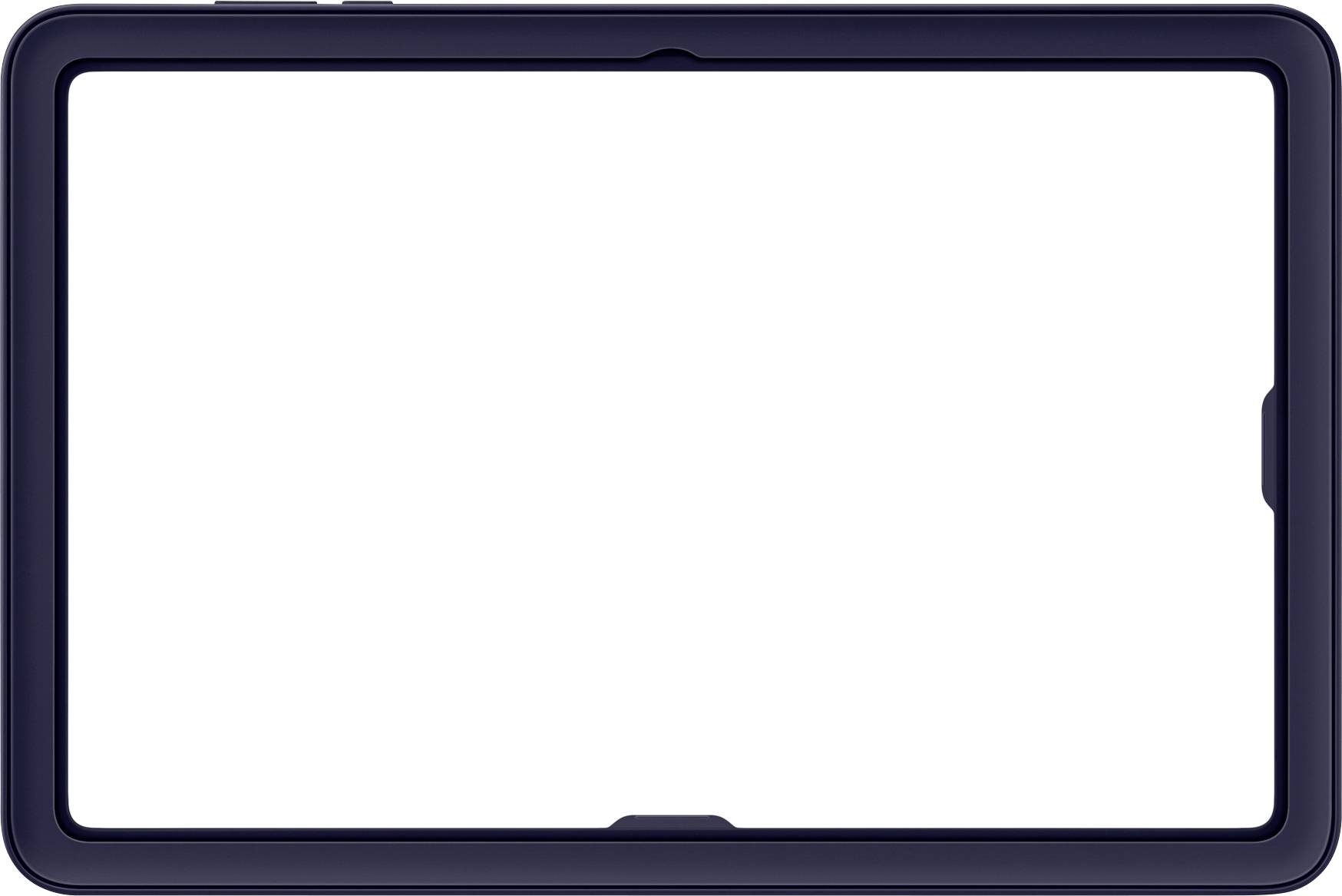 En sort rektangulær ramme, der ligger vandret på en hvid baggrund, og som ligner en tablets eller skærms kant med afrundede hjørner.