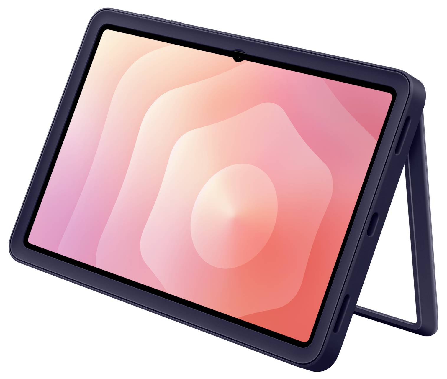 En tablet med en mørk ramme placeret på et stativ, der viser et lysende pink og orange abstrakt mønster på skærmen.