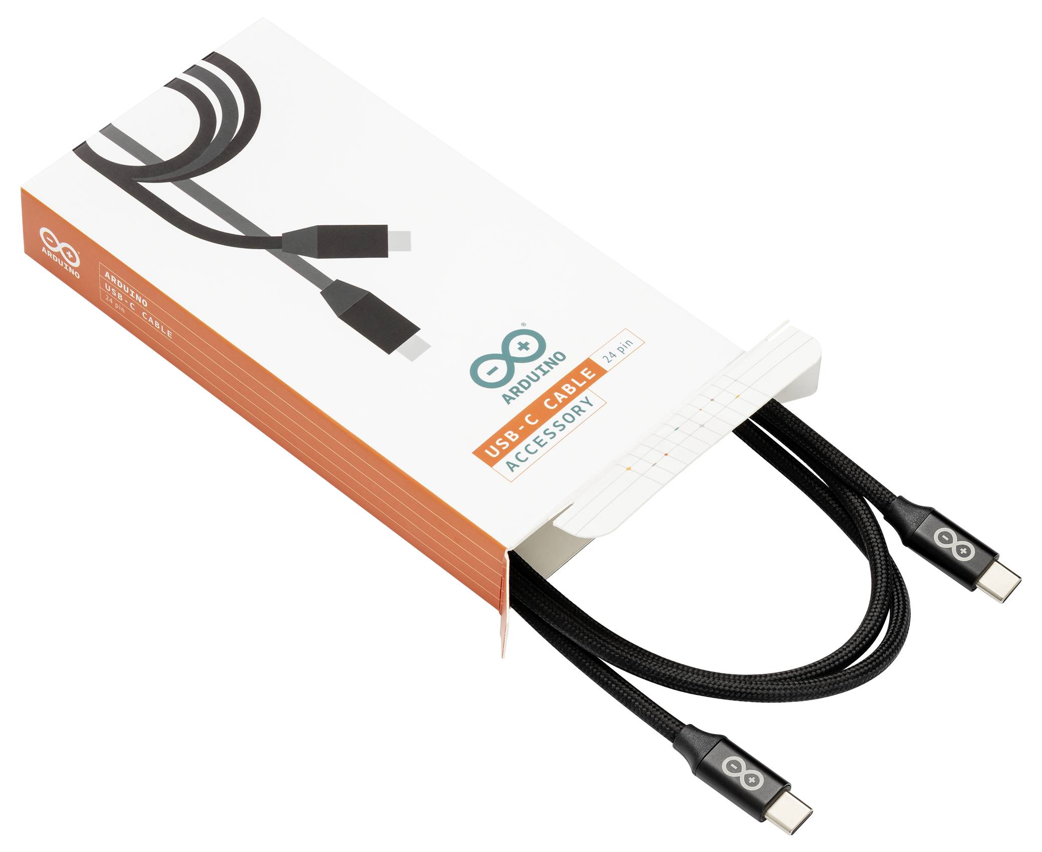 'ARDUINO USB-C KABEL' kasse med et sort flettet USB-C kabel, der strækker sig ud.