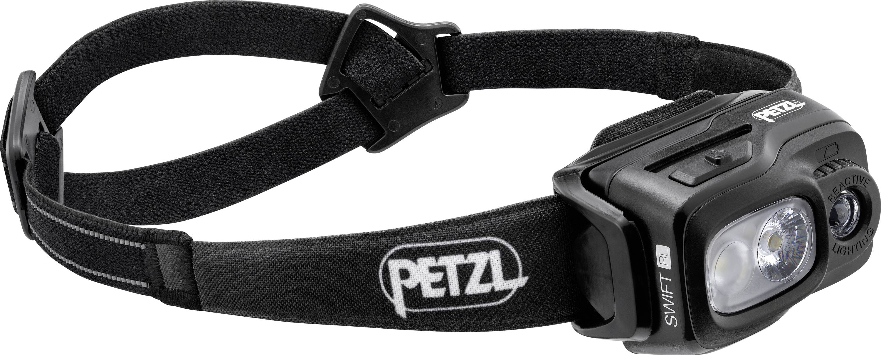 En sort pandelampe med justerbar rem og to LED-lygter, mærket 'PETZL SWIFT'. Egnet til udendørs aktiviteter.