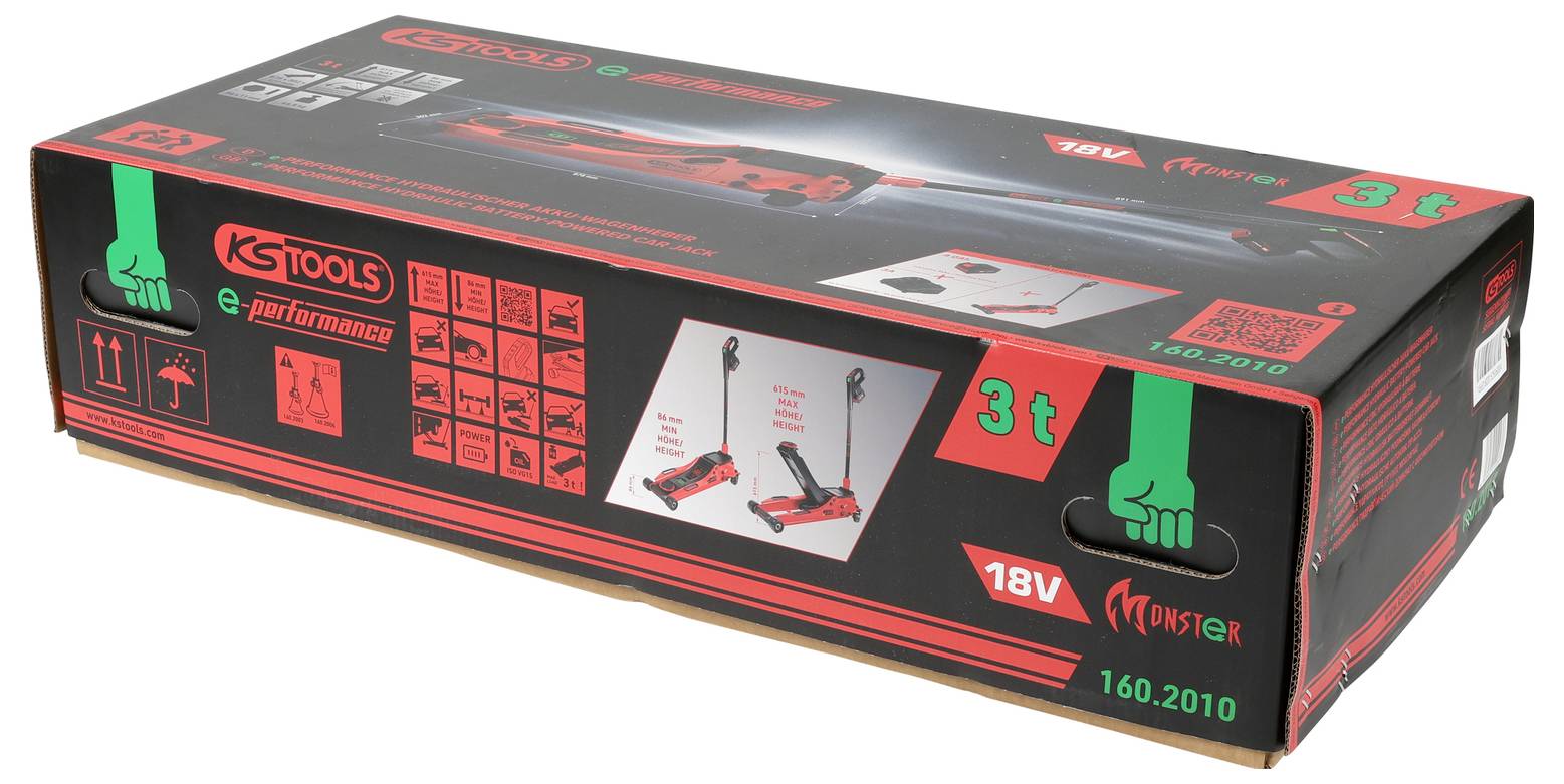 Boks til en elektrisk donkraft på 3 tons med branding 'KS Tools e-performance'. Funktioner inkluderer '18V', brugervenligt løftedesign og rød farve.