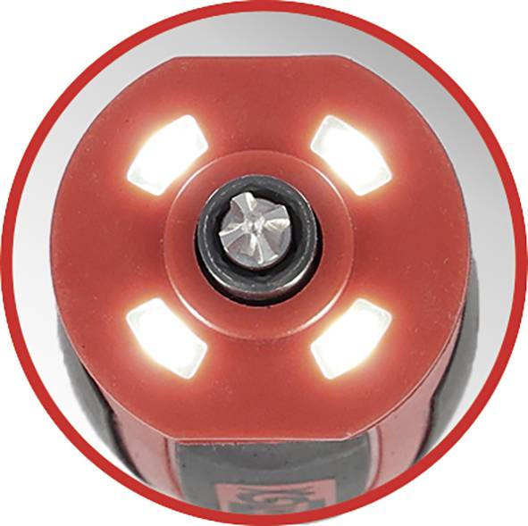 Topview af et cylinderformet værktøj med fire oplyste hvide LED-lys arrangeret rundt om en central bolt, muligvis et batteri eller en strømkilde.