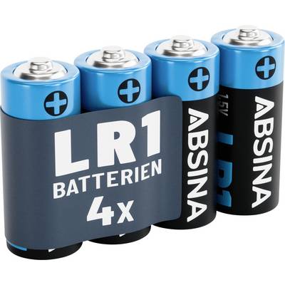 Fire LR1-batterier mærket 'ABSINA', hver med en blå top og sort krop, pakket sammen.