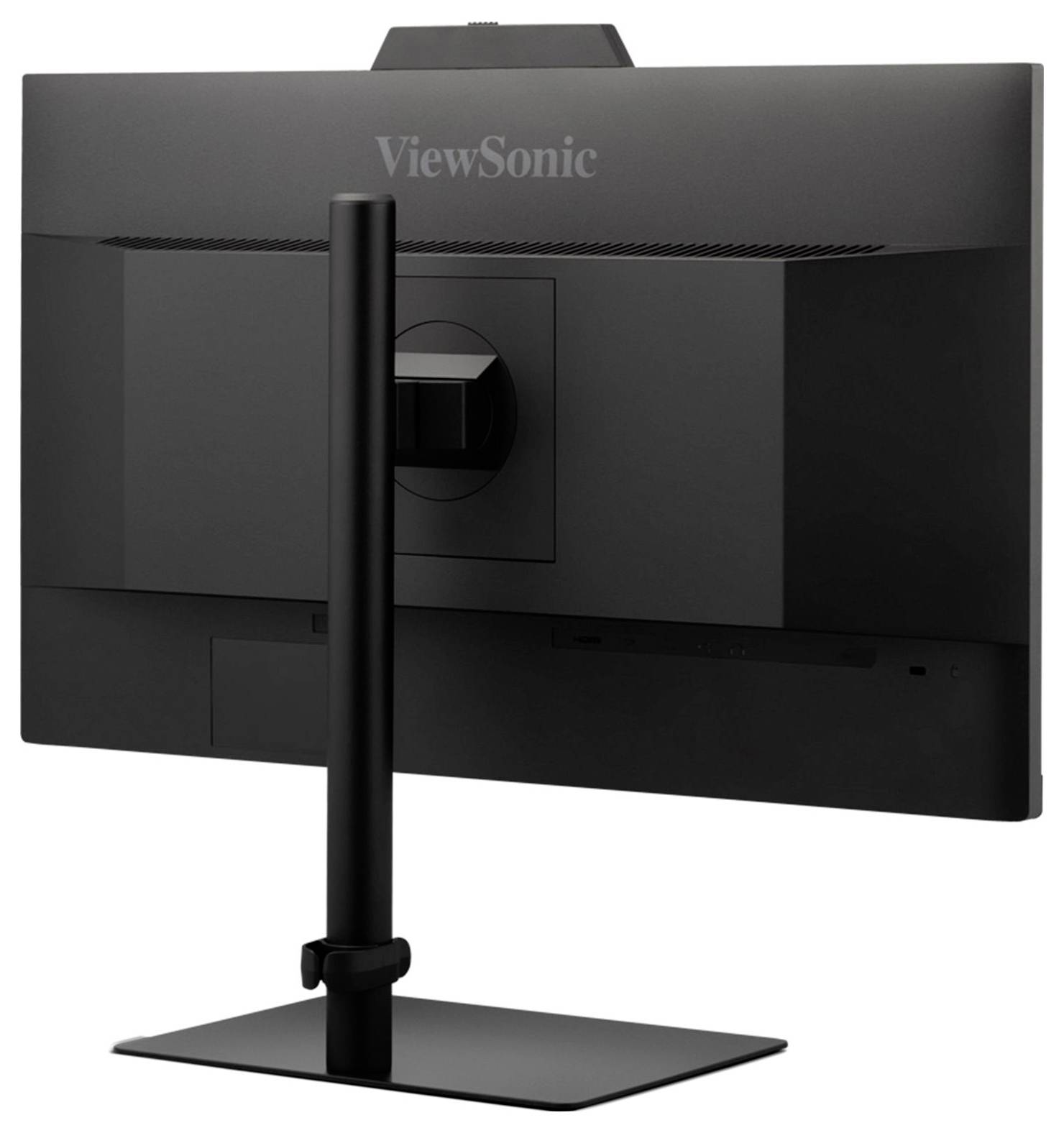 En sort ViewSonic-skærm set bagfra, med en elegant design og en justerbar fod.