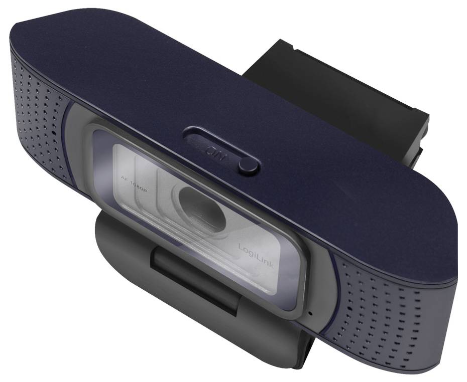 Et mørkblåt og gråt webkamera med et objektivdæksel, designet til at blive monteret på en computer eller skærm, som tilbyder videoopkaldsfunktioner.