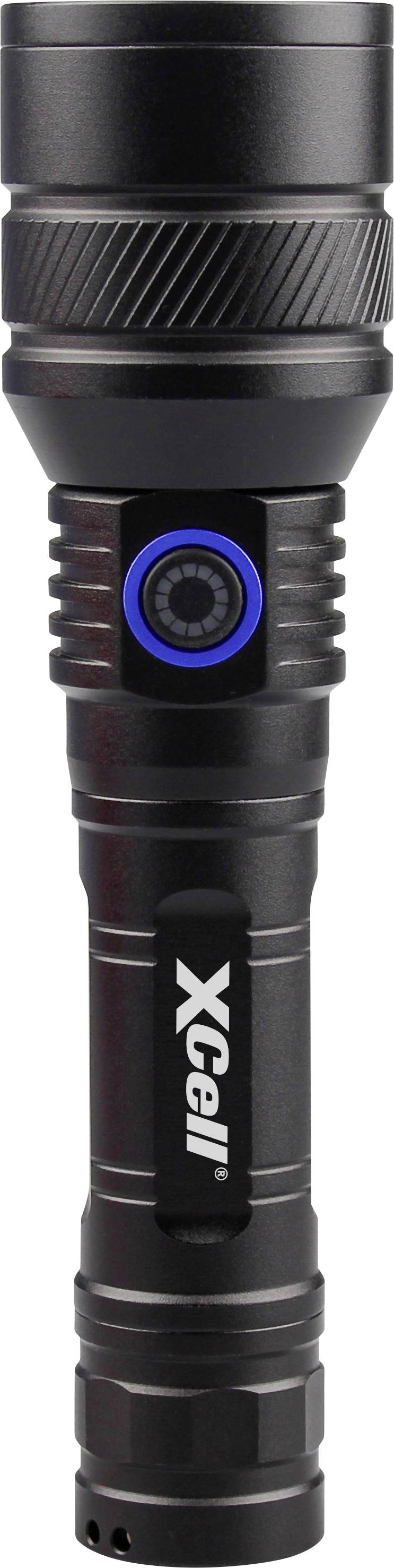 'XCell' sort lommelygte, frontvisning, med en blå tændeknap og struktureret greb for forbedret greb.