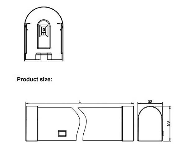 Teknisk diagram af et rektangulært objekt med en buet top og et vindue, der viser to visninger med dimensioner: 52 mm bred og 69 mm høj.