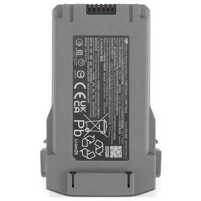 Et grå litium-ion batteri med certificeringsmærker, sikkerhedsadvarsler, genbrugssymboler og producentoplysninger.