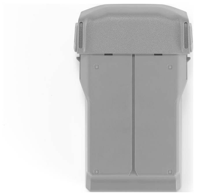Et gråt, rektangulært plastikbatteri med en struktureret overflade og to låseklips på siderne, vist fra oven.