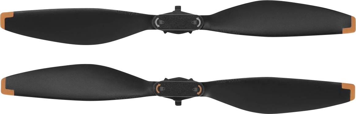 To sorte propelblade med orange spidser, placeret vandret, et over det andet, set oppefra.