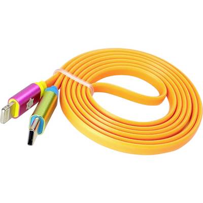 En livlig orange opladningskabel med et multifarvede design på stikkene, herunder USB- og Lightning-stik, rullet pænt sammen.