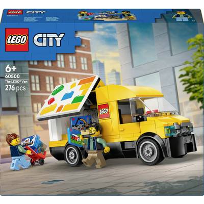 En LEGO-sætpakke, der viser en gul varevogn med en mand, der læsser varer, en smilende dreng med en trækvogn, og en bybagggrund.