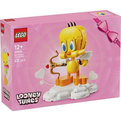 LEGO-sæt med en Sweetheart Tweety Bird, som viser en gul figur med en bue og pil på en sky. Beregnet til aldersgruppen 12+, 412 dele.