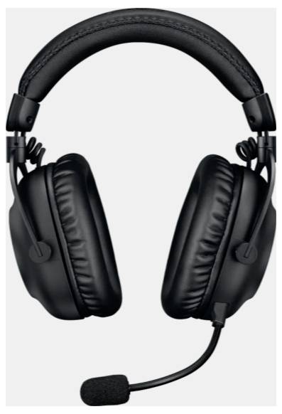 Sort over-ear headset med polstrede ørepuder og en påsat mikrofon, designet til gaming eller professionel brug, vist på en hvid baggrund.
