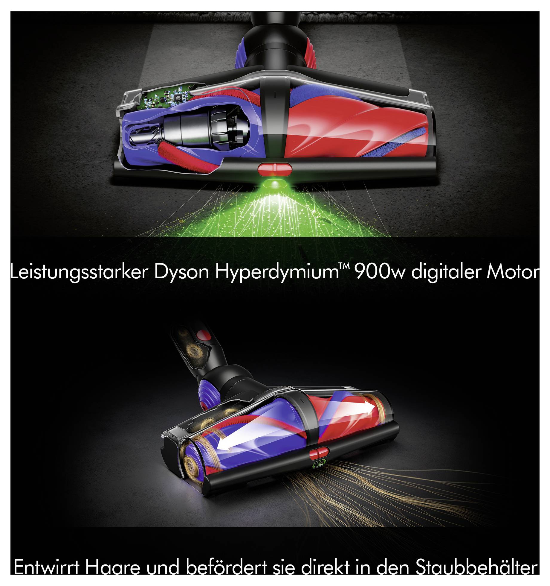 Et støvsugerhovede med LED-lys viser dets motor og hårfrigørelsesegenskab. Tysk tekst beskriver ydeevne og hårbortfjernelse.