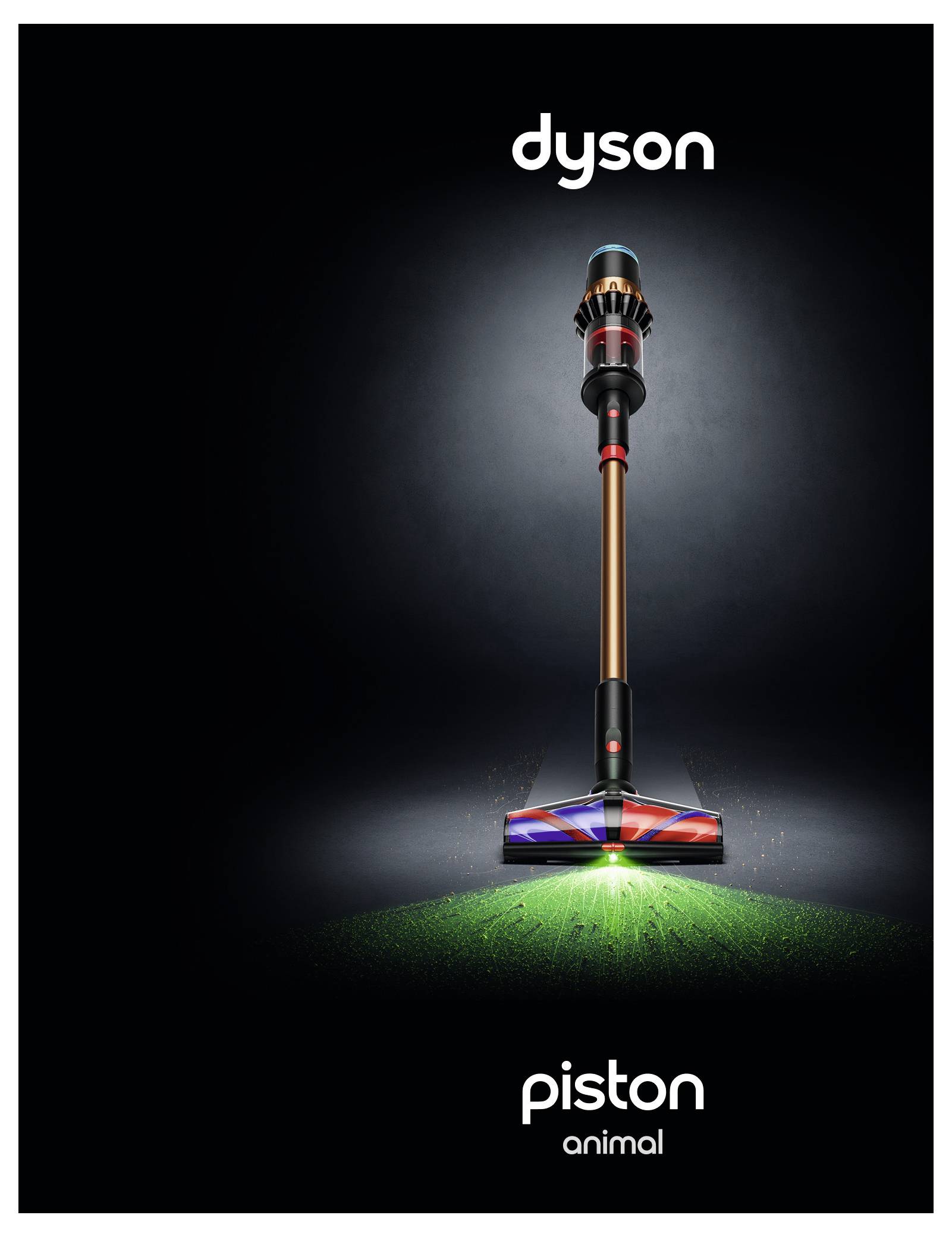 En Dyson støvsuger med en strømlinet design, oplyst baggrund, der viser rengøringshovdet i aktion med ordene 'piston animal'.