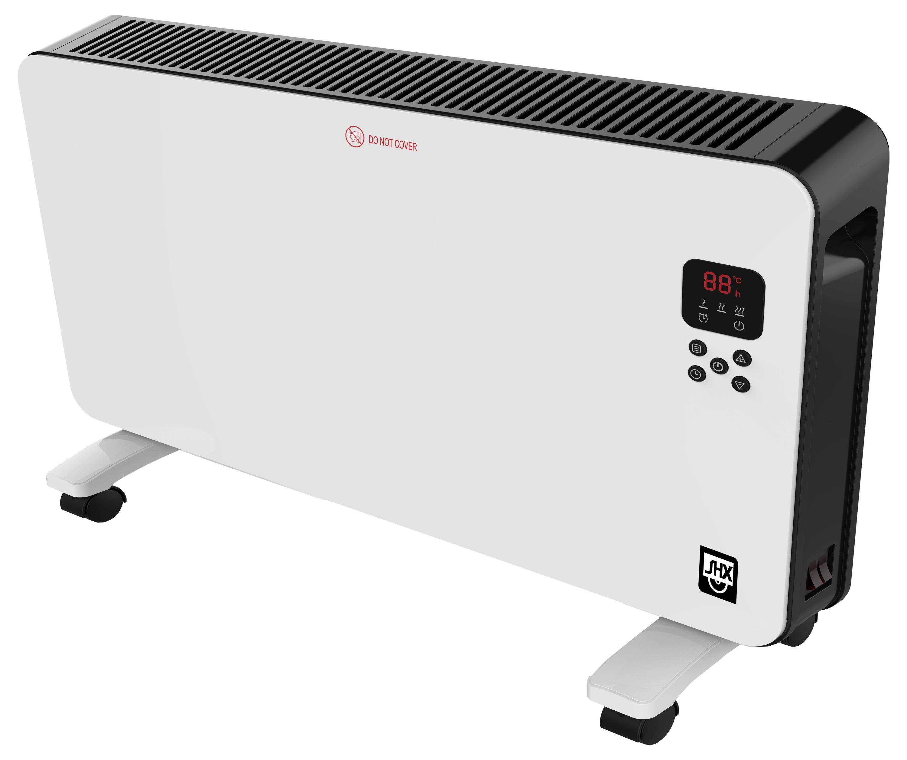 Hvid digital varmepanel med 'Må ikke tildækkes' advarsel, sorte ventilationsgitre, temperaturdisplay der viser '88°', og plus/minus justeringskontroller.
