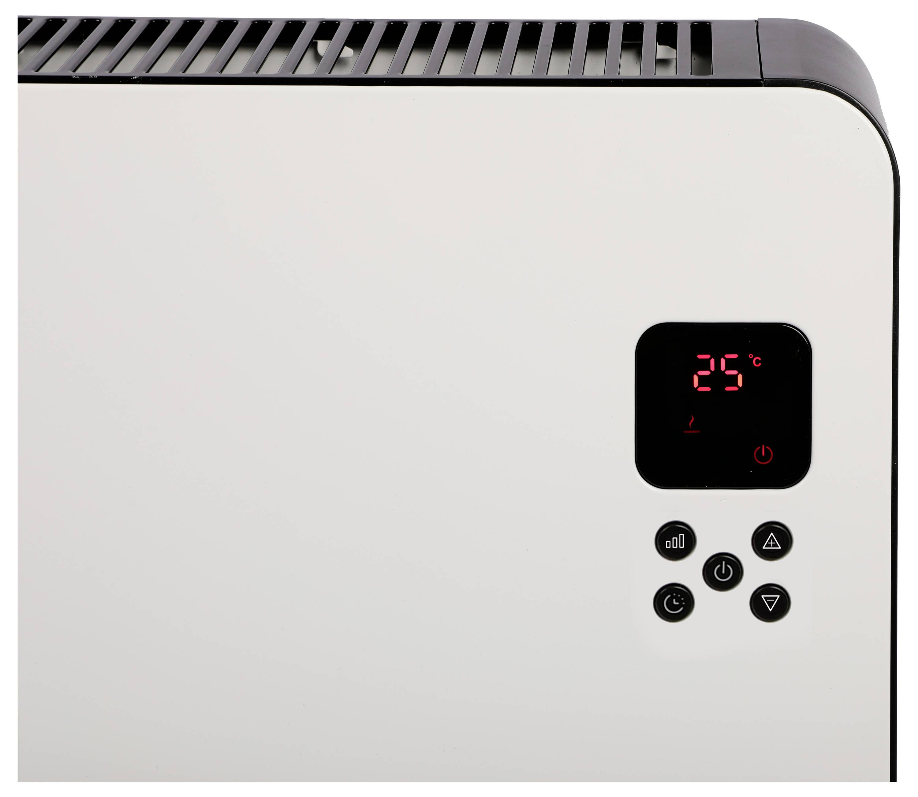 Et nærbillede af et varmeapparats digitale kontrolpanel, der viser temperaturen indstillet til 25°C, med knapper til tænd/sluk, temperaturjustering og indstillinger.