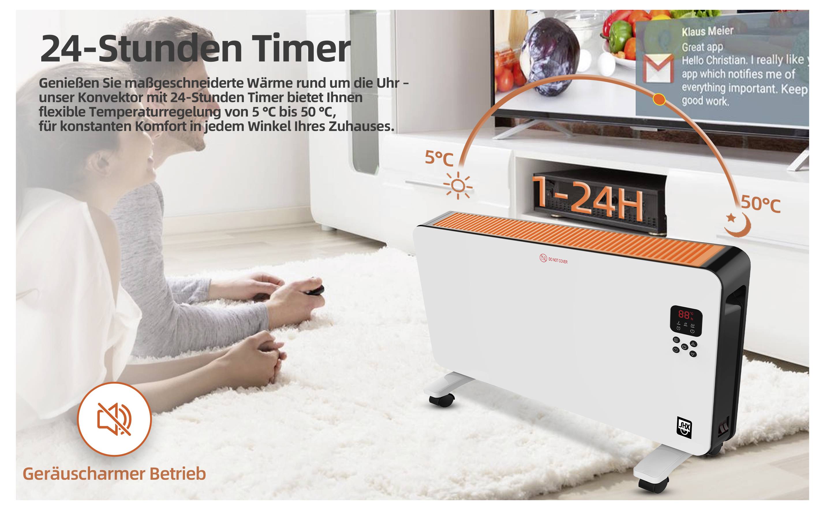 Et digitalt ur viser '1-24T' over en hvid konvektionsradiator med orange top, omgivet af temperaturindikatorer på 5°C og 50°C.