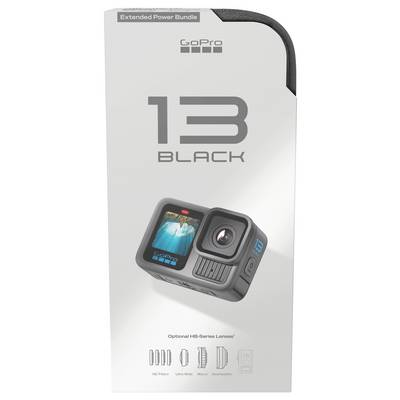 GoPro 13 Black kamera emballage viser produktbilledet, funktioner som objektivmuligheder og 'Udvidet Strøm Pakke' etiket øverst.