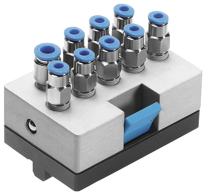 Et blokmanifold med otte pneumatiske fittings, hver forsynet med en blå konnektor, designet til fordeling af komprimeret luft.