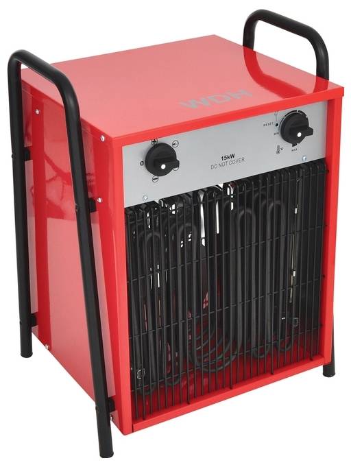 En rød industriel varmer med to sorte kontrolknapper øverst, mærket '1,5 kW' og 'Må ikke tildækkes', med metalbeskyttelse over varmeelementerne.