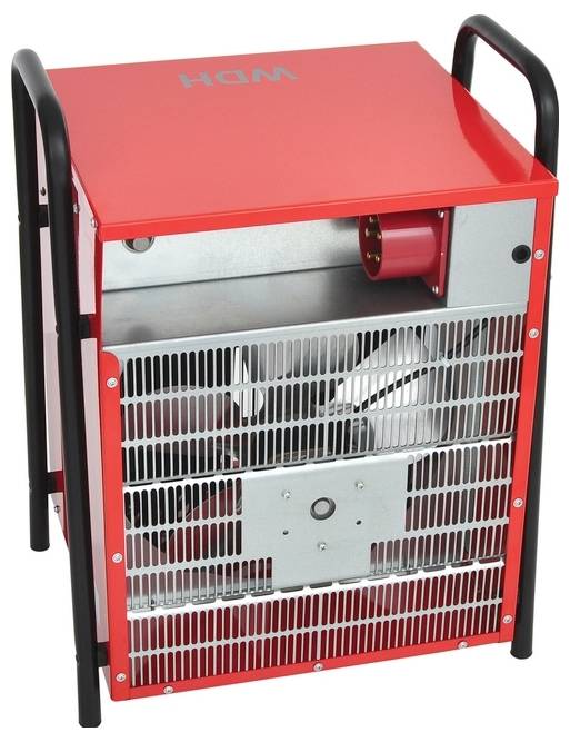 En rød industriel varmer med et metallisk gitterfront og synlig ventilator indvendigt, understøttet af sorte håndtag på hver side.