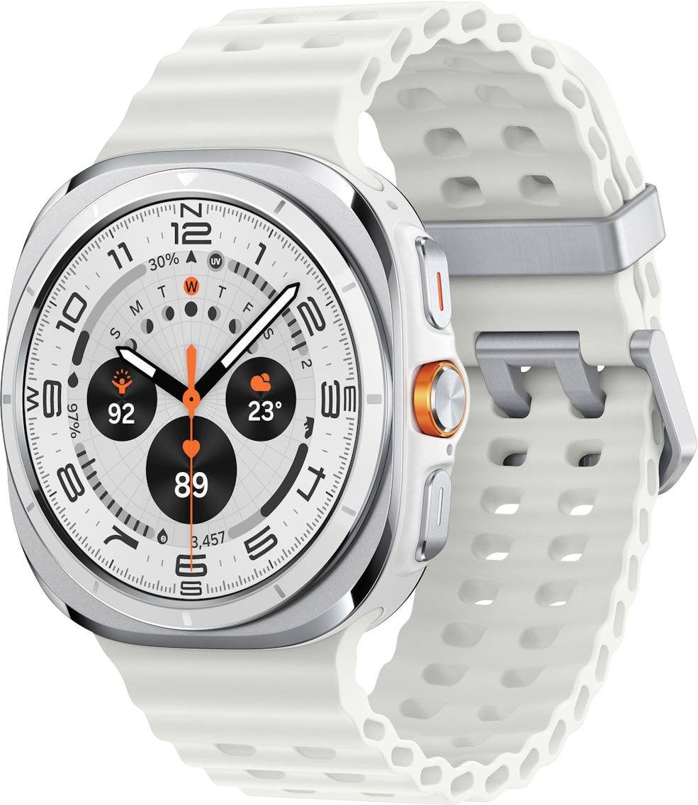 En hvid smartwatch med en perforeret rem viser tid, dato, hjertefrekvens (89 bpm) og temperatur (23°C) på dens digitale display.