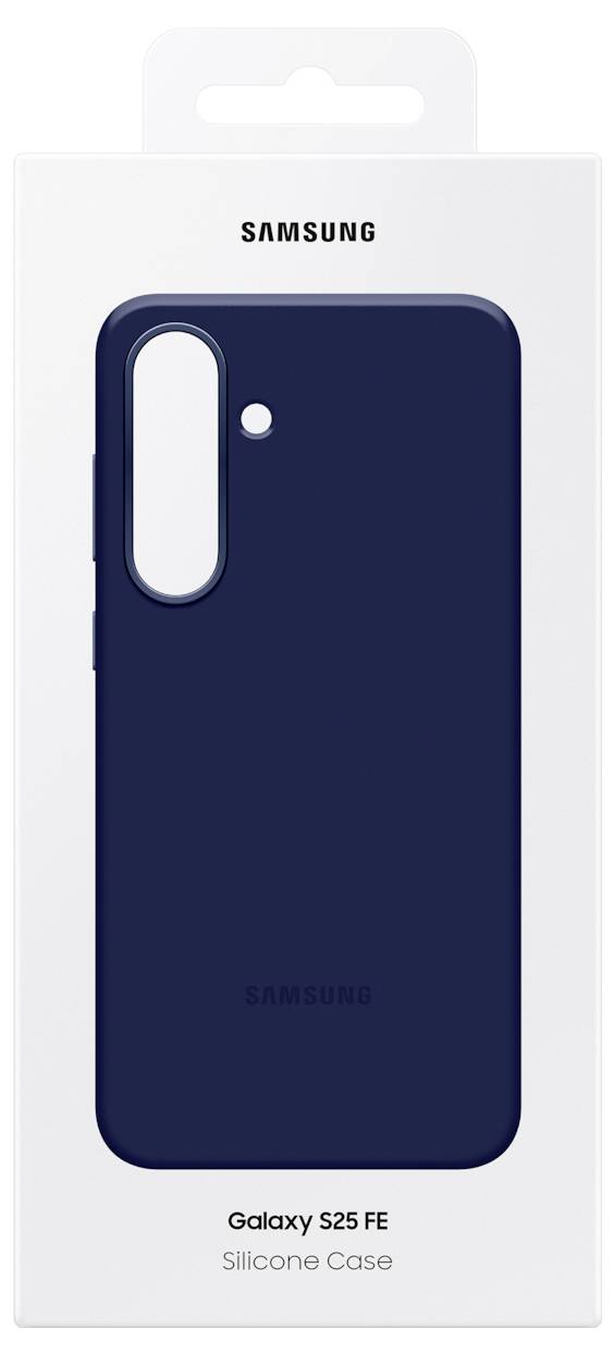'Marineblå siliconecover til Samsung Galaxy S25 FE i emballage.'