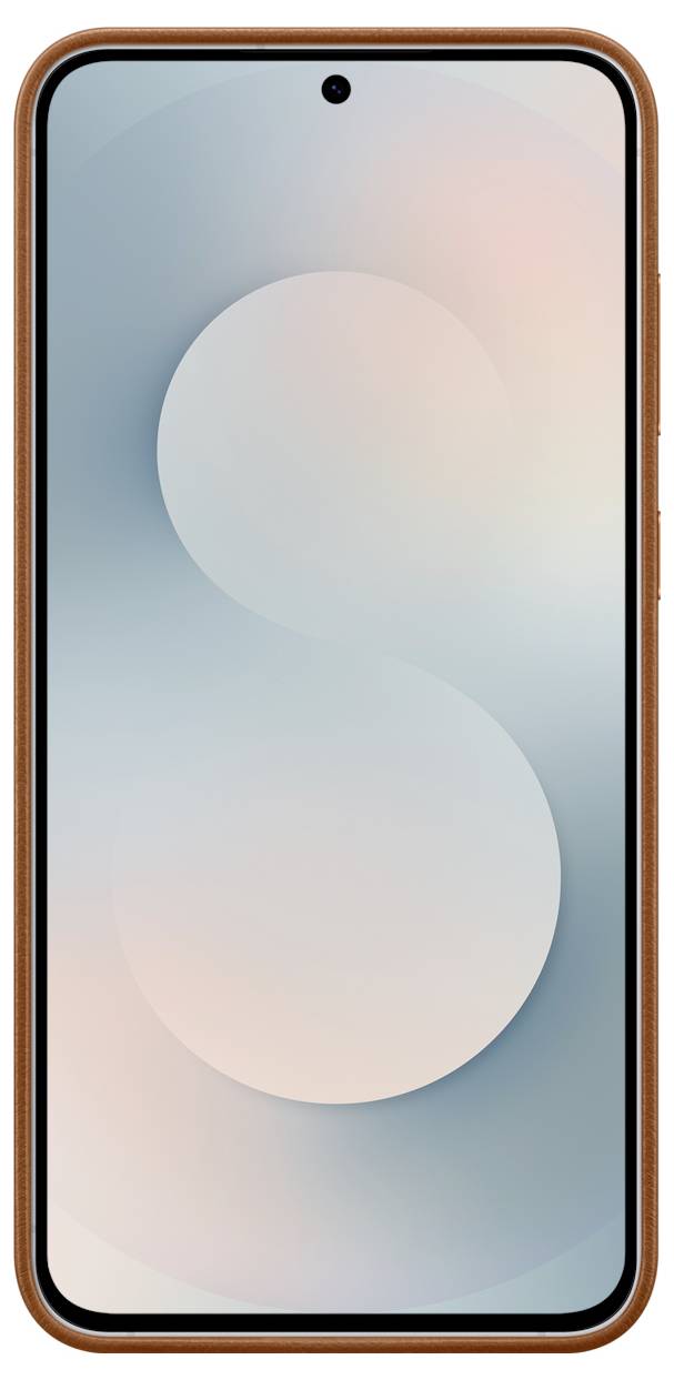 En smartphone med en stor, kant-til-kant-skærm, der viser et minimalistisk abstrakt design i bløde pastellfarver.