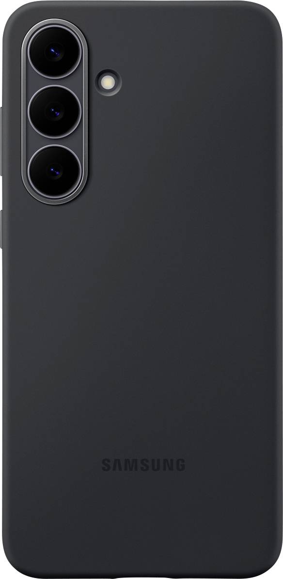 Billedet viser bagsiden af en sort smartphone med tre kameralinser og en blitz, med Samsung-logoet i bunden.
