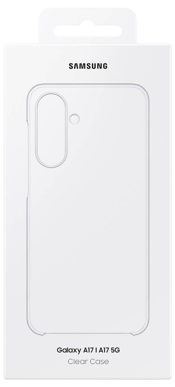 'Samsung Galaxy A17/A17 5G gennemsigtigt telefonetui i emballage med minimalistisk design, der viser en skitse af etuiet og Samsung-logoet.'