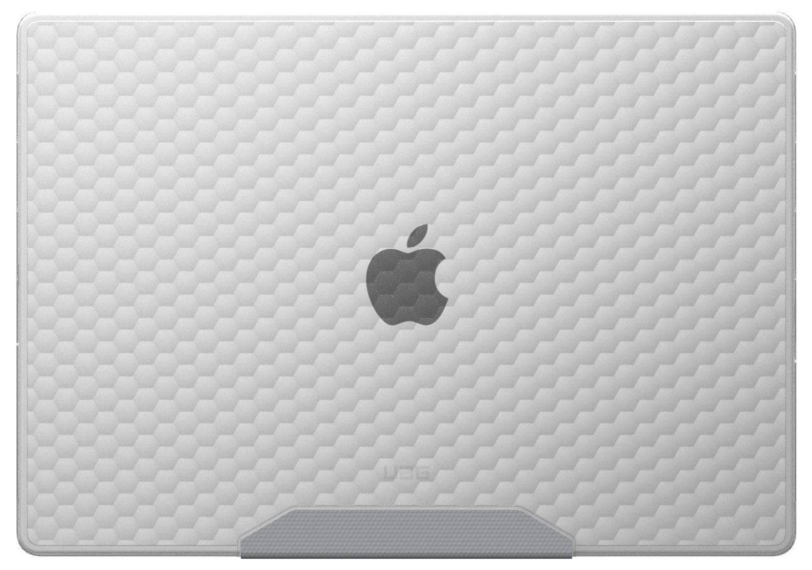 Et struktureret laptopcover med et heksagonalt mønster og et centralt placeret tech-logo, som giver et moderne og strømlinet udseende.