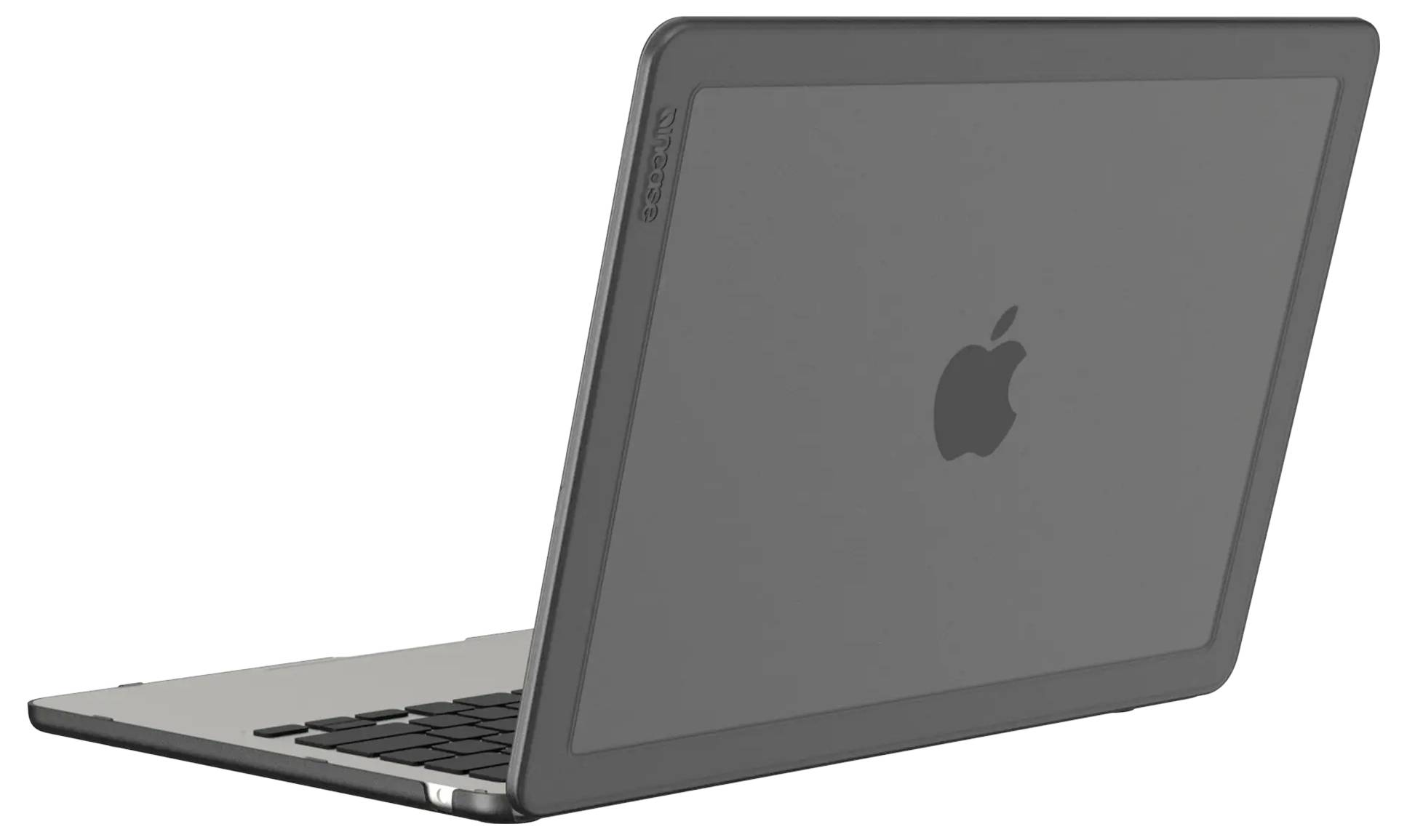 En grå bærbar computer med åbnet låg, der viser et delvist synligt tastatur. Bagsiden har et logo, hvilket indikerer, at en teknologienhed er i brug.