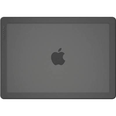 En lukket bærbar computer med et Apple-logo i midten, omgivet af en beskyttende grålig etui.