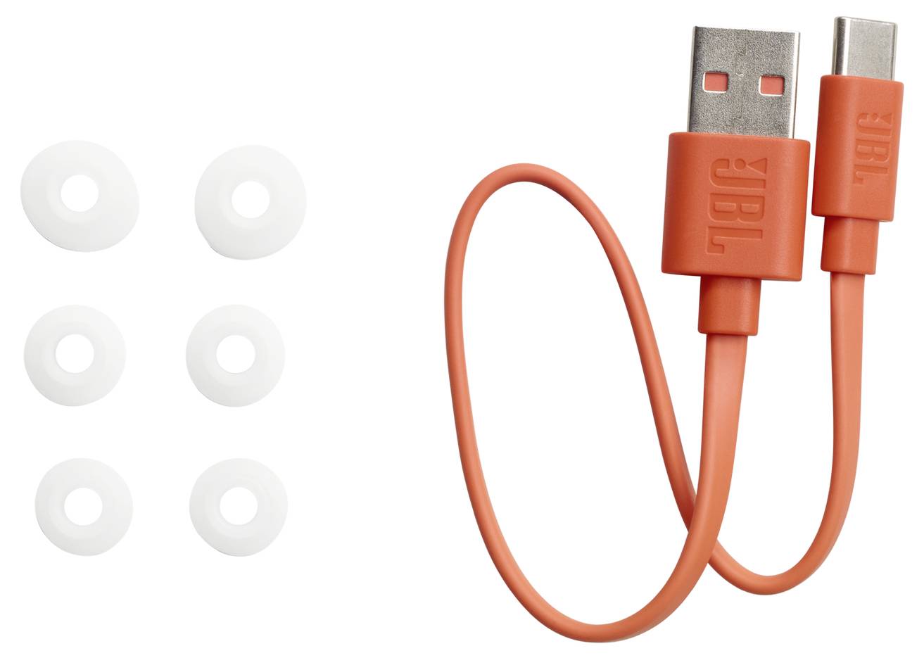 En orange USB til micro-USB-kabel med JBL-branding ligger ved siden af seks hvide cirkulære kabelorganisatorer på en hvid baggrund.