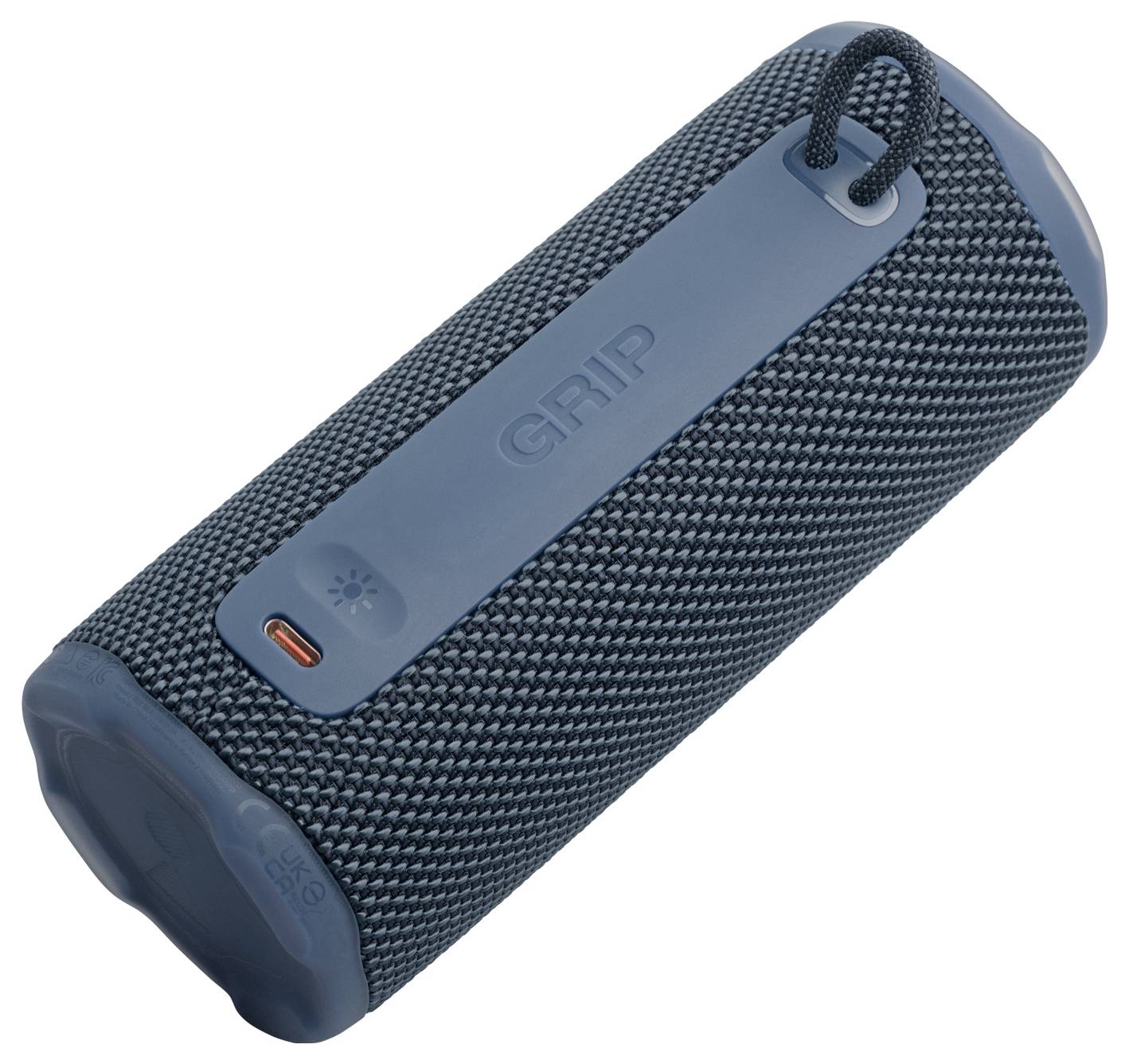 En blå bærbar Bluetooth-højtaler med en struktureret overflade, en USB-C opladningsport og en løkke til transport.
