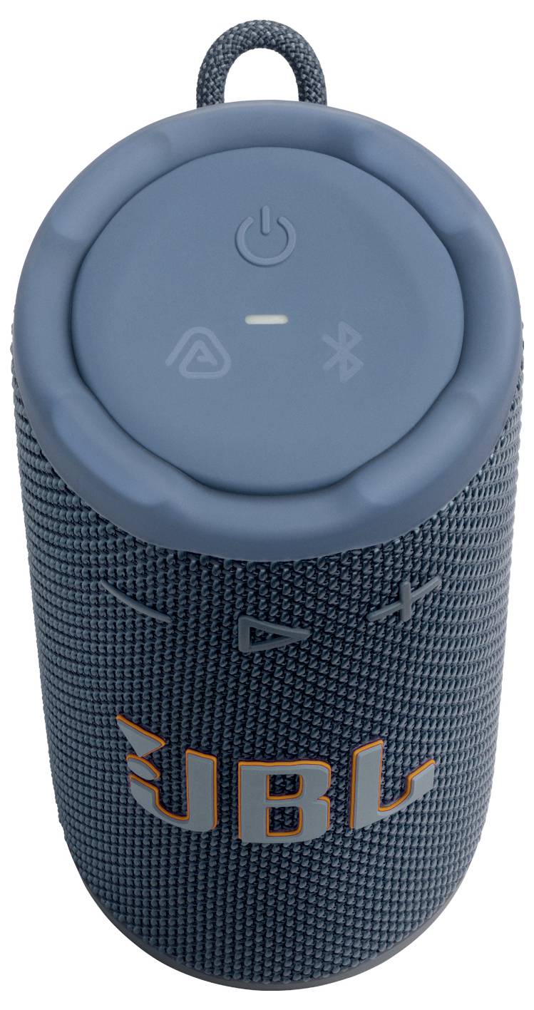 En blå transportabel Bluetooth-højtaler med betjeningsknapper øverst, forsynet med JBL-logoet i orange på siden.
