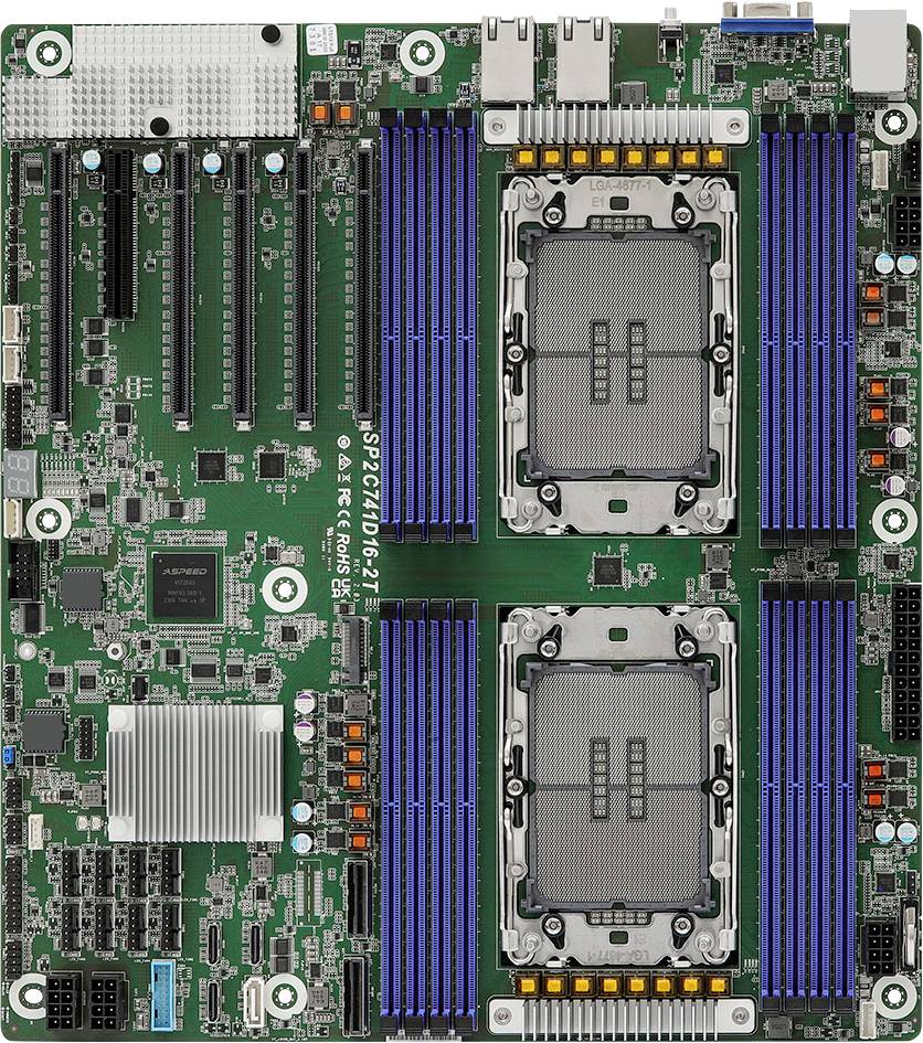 'Billede af et computermoder med flere RAM-slots, CPU-sokler og forskellige stik, som viser bundkortets layout og komponenter.'